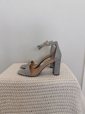 Nordstrom Silver Glitter Block Heel Sandals with Ankle Strap